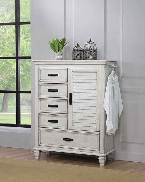 Cómoda con puerta Franco de 5 cajones en blanco envejecido