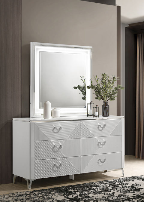 Cómoda Cassia de 6 cajones con espejo, blanco de alto brillo