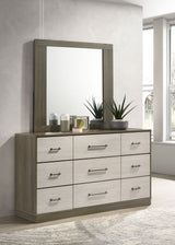 Cómoda Fenwick de 9 cajones con espejo, roble gris