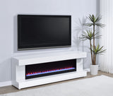 Mueble para TV Mallory con chimenea, altavoz Bluetooth y acabado en blanco de alto brillo