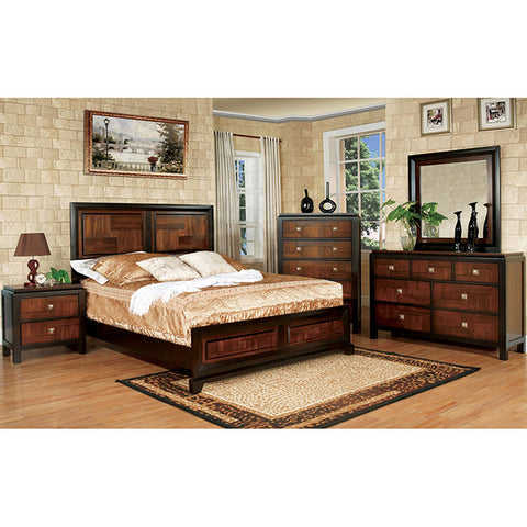 Cama Patra + 1 mesita de noche + cómoda + espejo - acacia/nogal