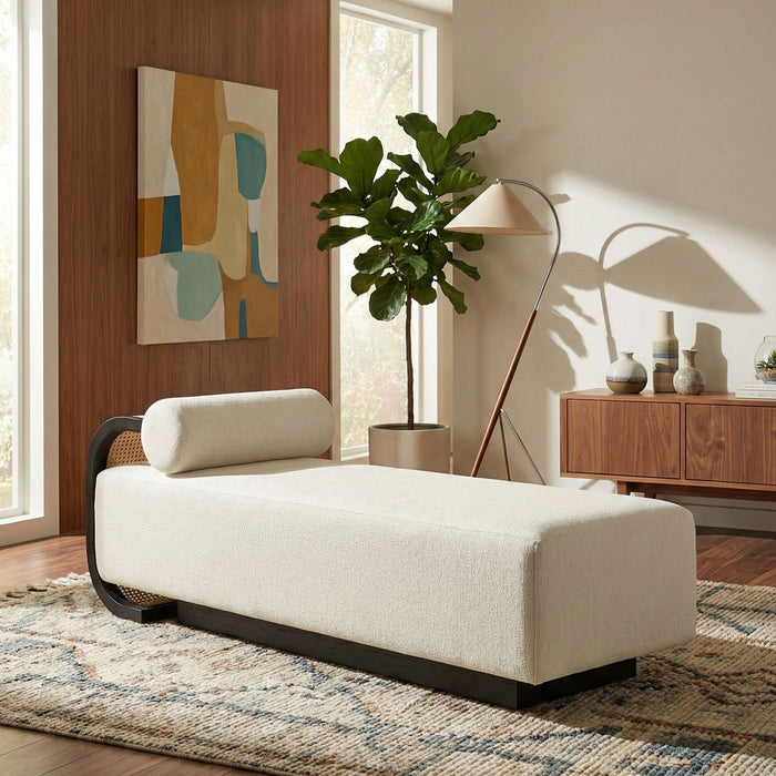 Zephyr Cane And Linen Textured Fabric Upholstered Chaise