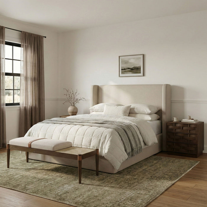 Nara Cane And Linen Textured Fabric Upholstered Bench