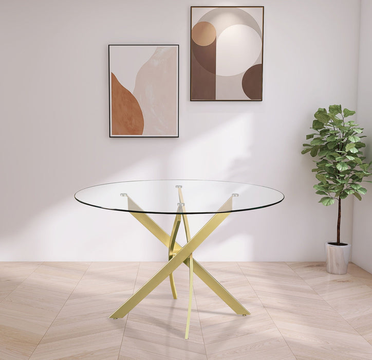 Mesa de comedor redonda con cubierta de vidrio con base de hierro Xander de 48"