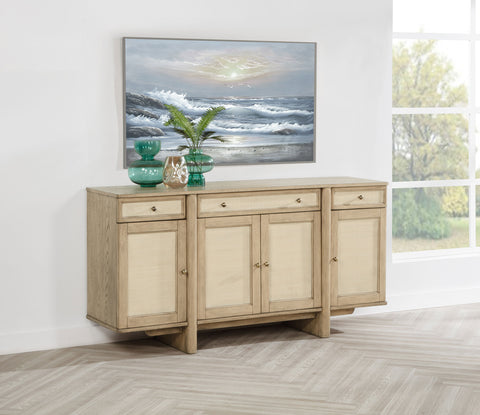 Aparador buffet de 4 puertas Kailani en ratán y roble beige
