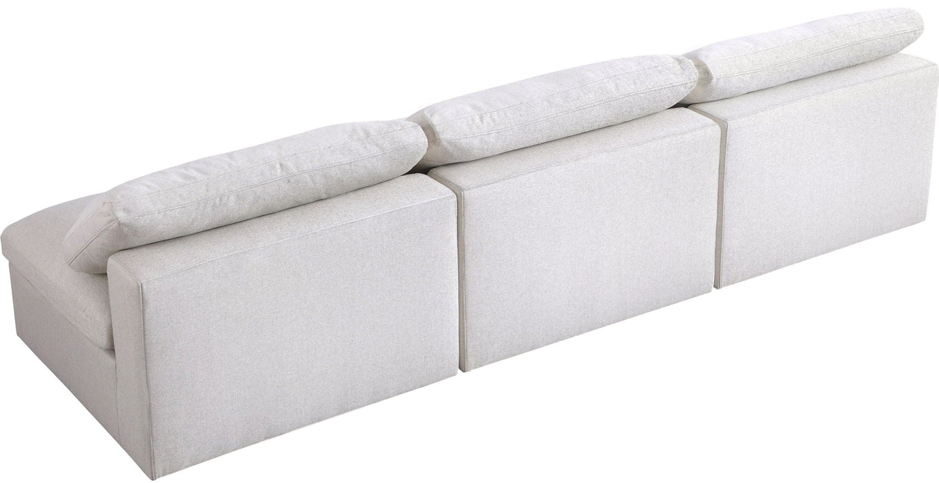 Sofá modular sin brazos tapizado de tela con textura de lino de confort de lujo Serene de 117" de 3 piezas