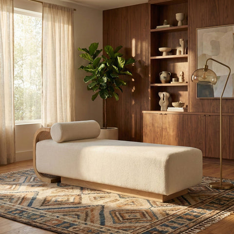 Zephyr Cane And Linen Textured Fabric Upholstered Chaise