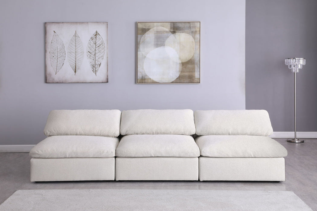 Sofá modular sin brazos tapizado de tela con textura de lino de confort de lujo Serene de 117" de 3 piezas