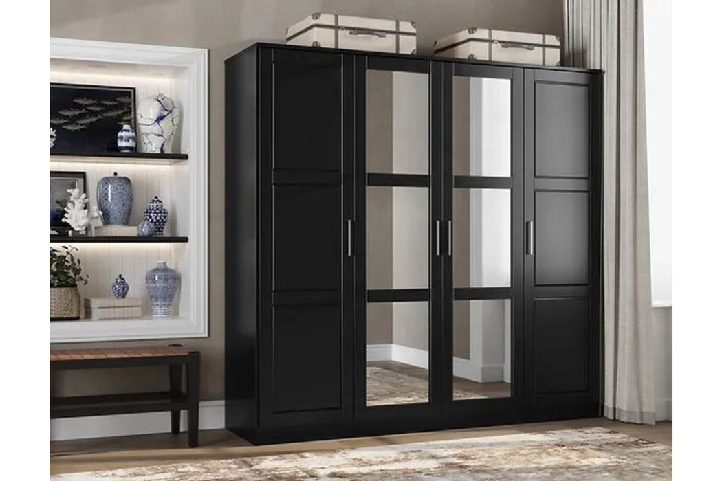 7307M - 100% Solid Wood Cosmo 4-Door Wardrobe Armoire With Mirrored Doors With Optional Shelves