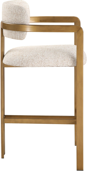 Aurum Linen Textured Fabric Upholstered And Brushed Brass Iron Frame Counter Stool