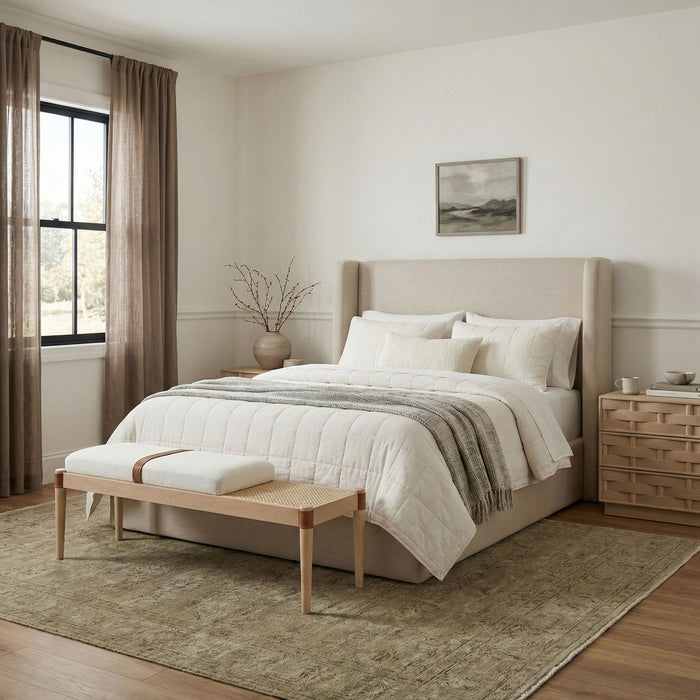 Nara Cane And Linen Textured Fabric Upholstered Bench