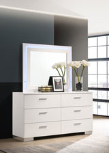 Cómoda Felicity de 6 cajones con espejo LED, blanco brillante