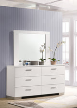 Cómoda de madera de 6 cajones Felicity con espejo, color blanco de alto brillo