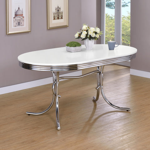 Mesa de comedor ovalada retro de 60 pulgadas con tablero de madera, en blanco y cromo
