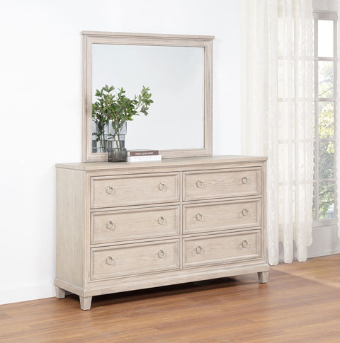 Cómoda de dormitorio Pembroke de 6 cajones con espejo, roble lavado