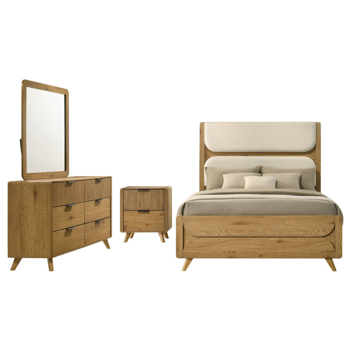 Bennett Full Cream Upholstered 5-Piece Mid-Century Bedroom Set Light Oak