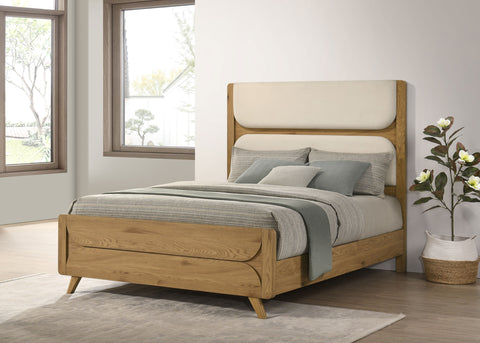 Cama Bennett acolchada tamaño queen de 63 pulgadas con panel, color crema y roble claro
