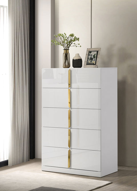 Cómoda de dormitorio Ines de 5 cajones, blanco de alto brillo