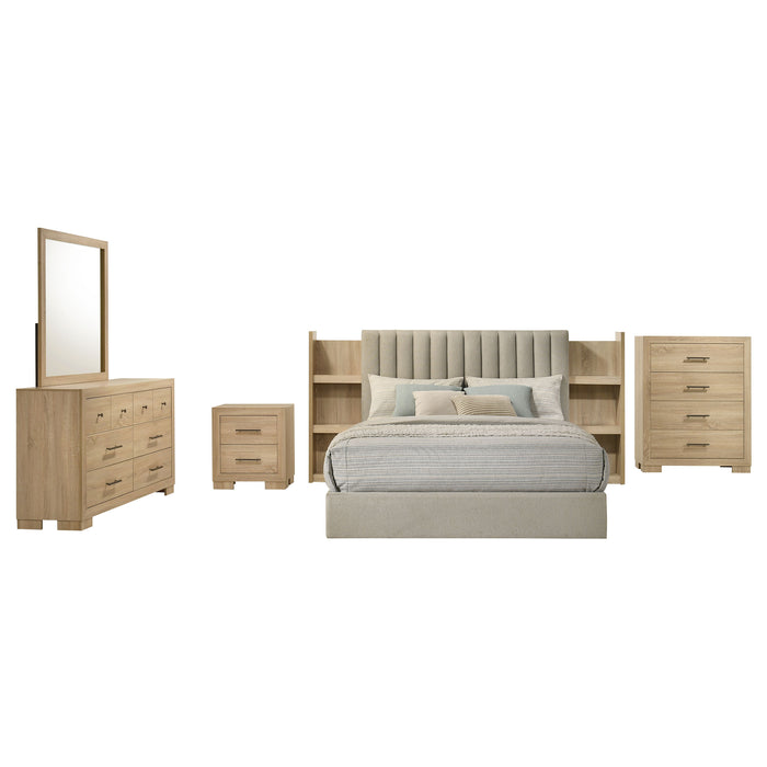Juego de dormitorio tapizado Arielle tamaño Eastern King de 5 piezas - roble claro