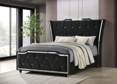 Cama tapizada con cabecero de alas LED Lorient Queen, negra