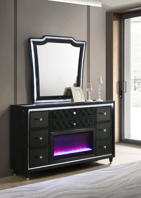 Cómoda Lorient de 8 cajones con efecto de llama LED y espejo, negra