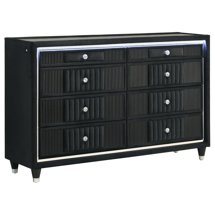 Juego de dormitorio tapizado de terciopelo con LED Ravenne tamaño Queen de 5 piezas - negro