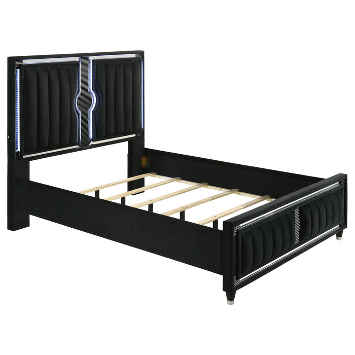 Juego de dormitorio tapizado de terciopelo con LED Ravenne tamaño Queen de 5 piezas - negro