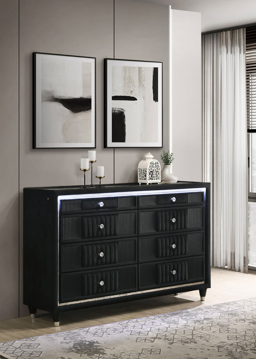 Ravenne 8-drawer Velvet Upholstered LED Dresser Cabinet Black
