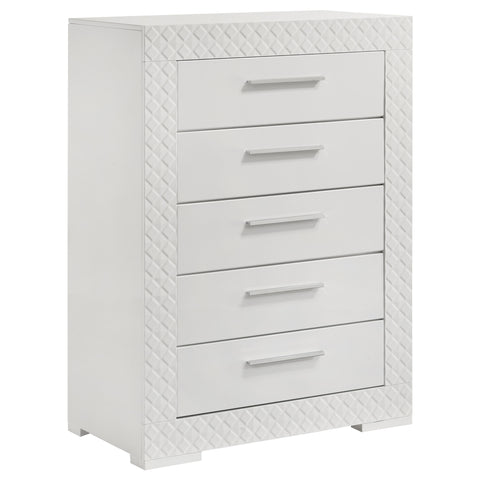 Cómoda de dormitorio Ives de 5 cajones blanca de alto brillo