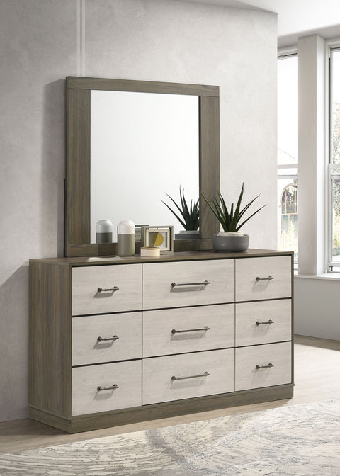 Cómoda Fenwick de 9 cajones con espejo, roble gris