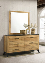 Cómoda y espejo de 6 cajones Kaywood, pino natural