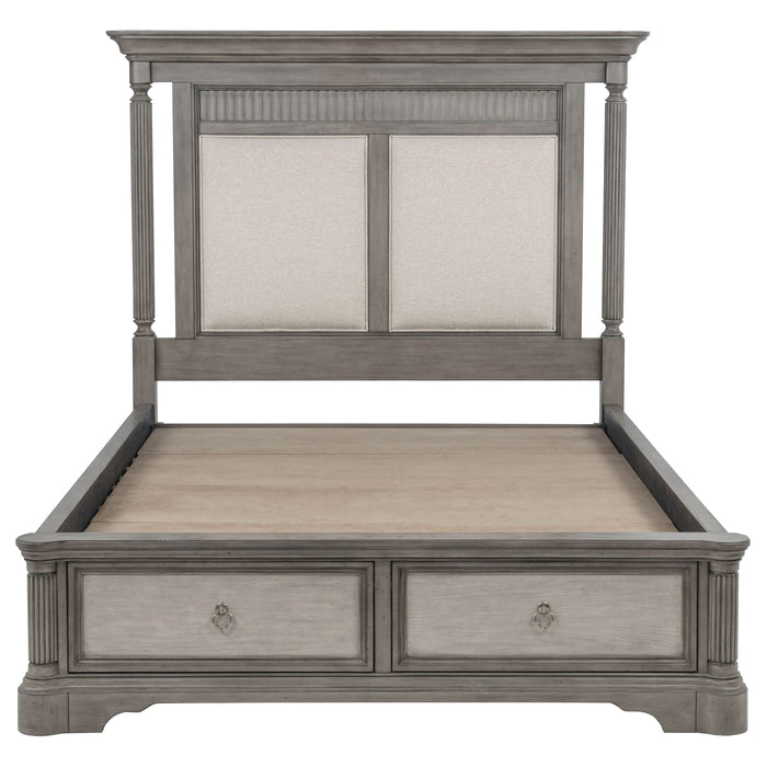 Juego de dormitorio con almacenamiento Cresswell tamaño California King de 5 piezas - topo envejecido