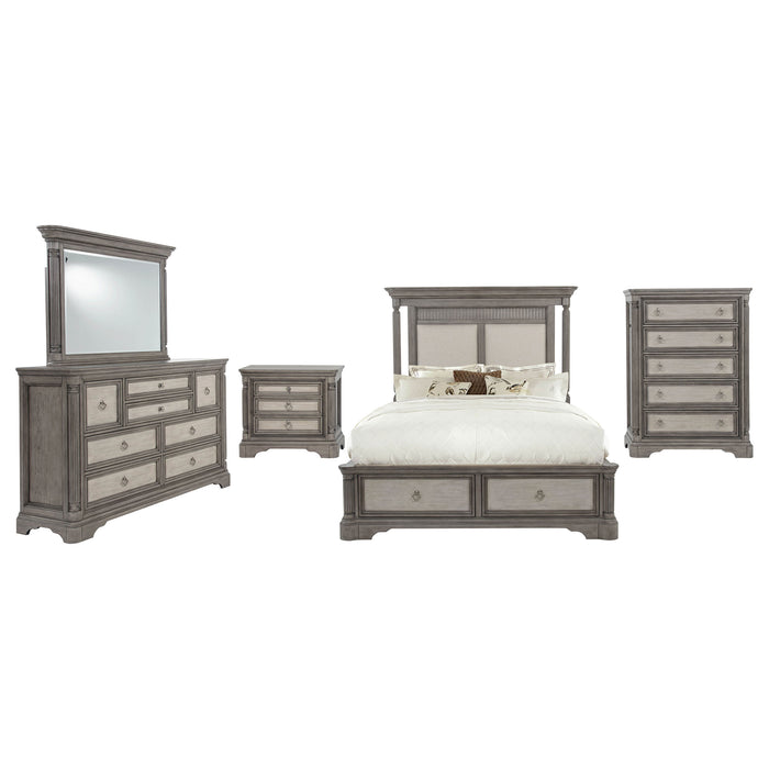 Juego de dormitorio con almacenamiento Cresswell tamaño California King de 5 piezas - topo envejecido