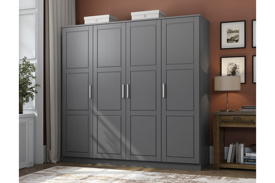 7301D - 100% Solid Wood Cosmo 4-Door Wardrobe Armoire, Raised Panel Doors With Optional Shelves