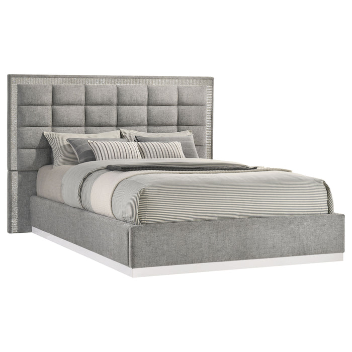 Viana Chenille Platform Bed Grey and White High Gloss