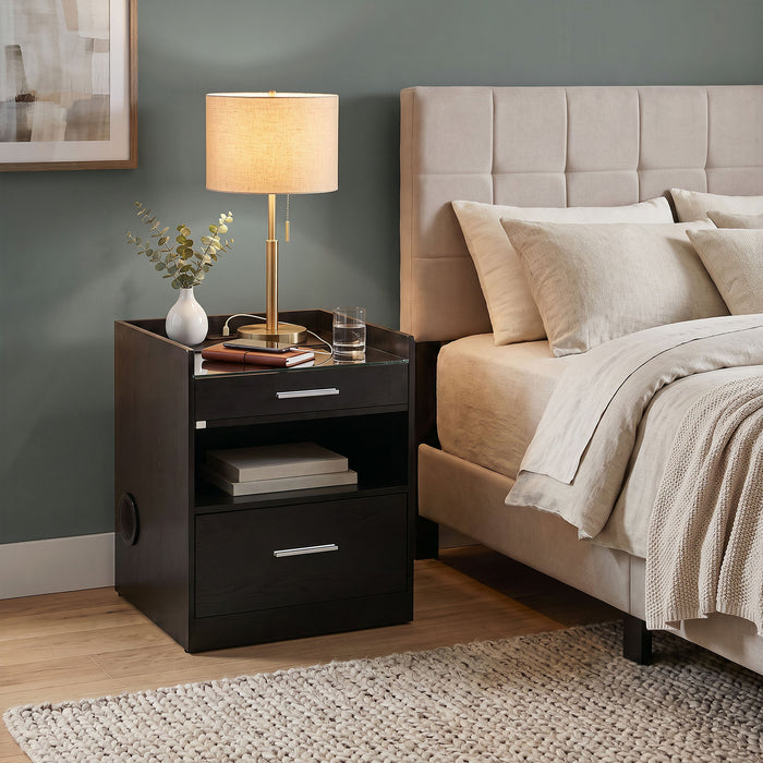 Furda 2-drawer LED Nightstand Bedside Table with Speaker White High Gloss