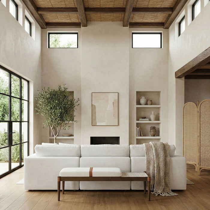 Nara Cane And Linen Textured Fabric Upholstered Bench