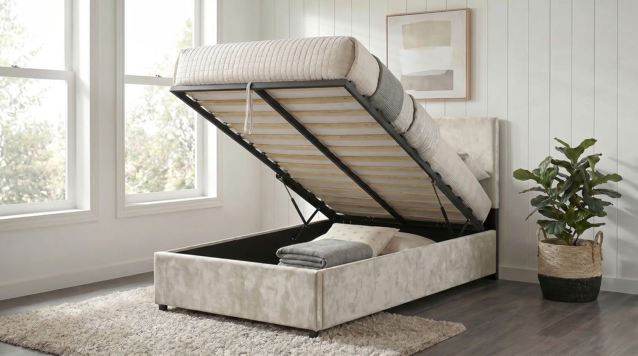 Reeves Upholstered Lift-Top Storage Platform Bed Beige