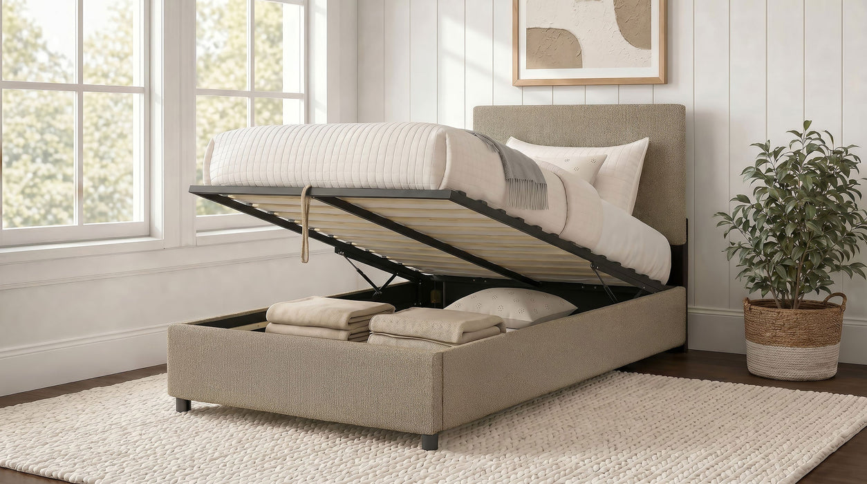 Reeves Upholstered Lift-Top Storage Platform Bed Beige