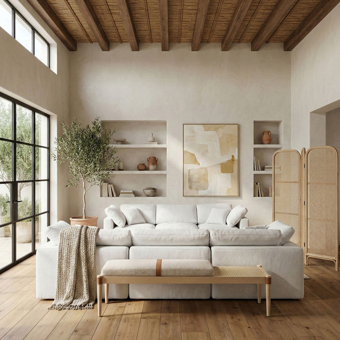 Nara Cane And Linen Textured Fabric Upholstered Bench
