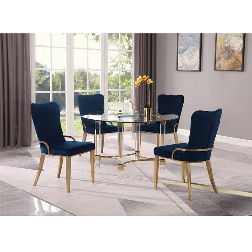 Dining Set w/ Round Glass Top, Acrylic & Golden Base with 4 Chairs 4038-GLD-RILEY-5PC-BLU