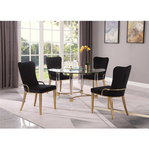 Dining Set w/ Round Glass Top, Acrylic & Golden Base with 4 Chairs 4038-GLD-RILEY-5PC-BLK