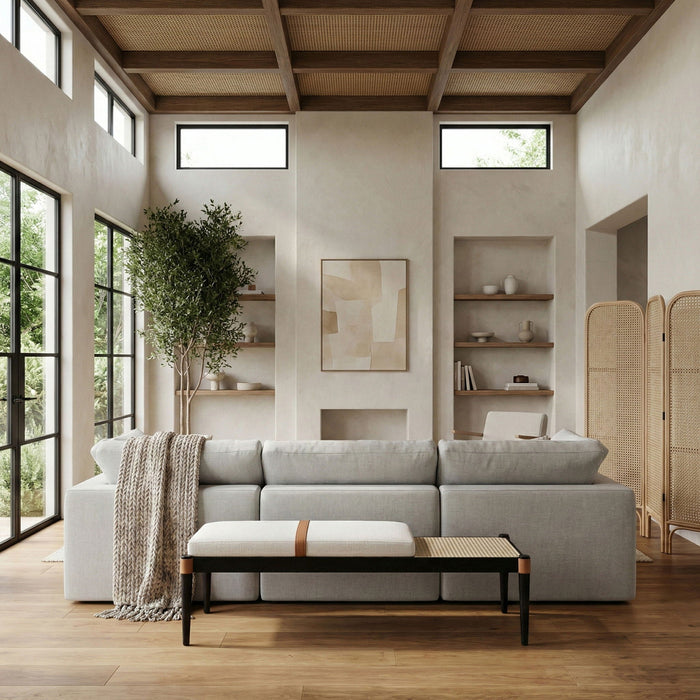 Nara Cane And Linen Textured Fabric Upholstered Bench