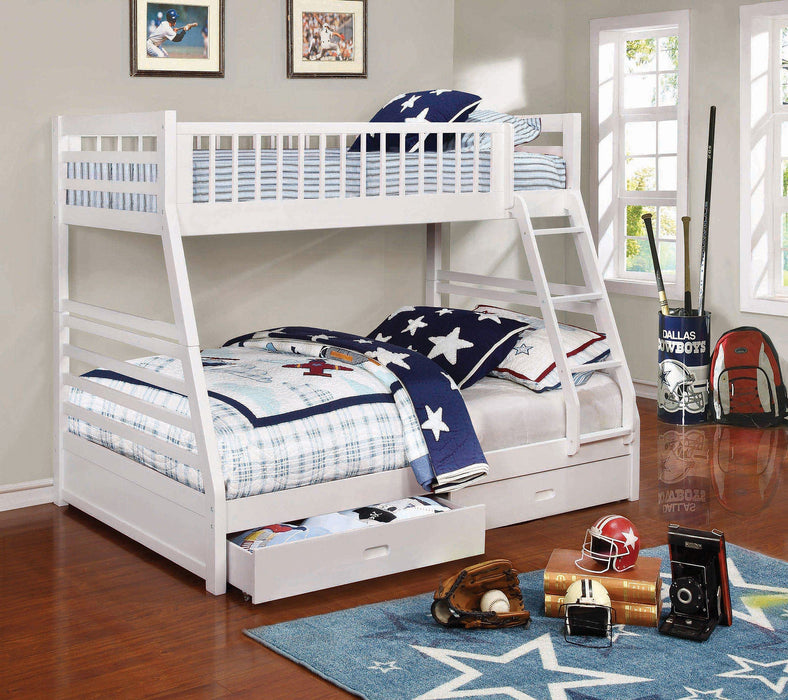 Litera Ashton de madera con 2 cajones, cama superior individual y cama inferior matrimonial, color capuchino
