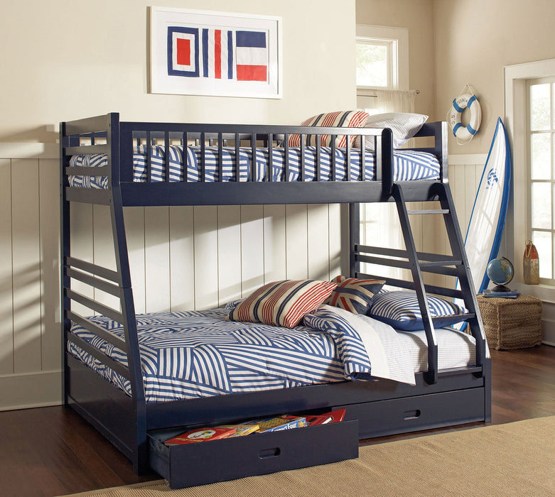Litera Ashton de madera con 2 cajones, cama superior individual y cama inferior matrimonial, color capuchino