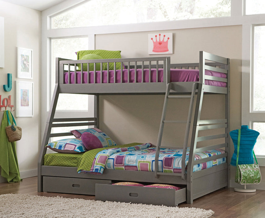 Litera Ashton de madera con 2 cajones, cama superior individual y cama inferior matrimonial, color capuchino