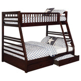 Litera Ashton de madera con 2 cajones, cama superior individual y cama inferior matrimonial, color capuchino