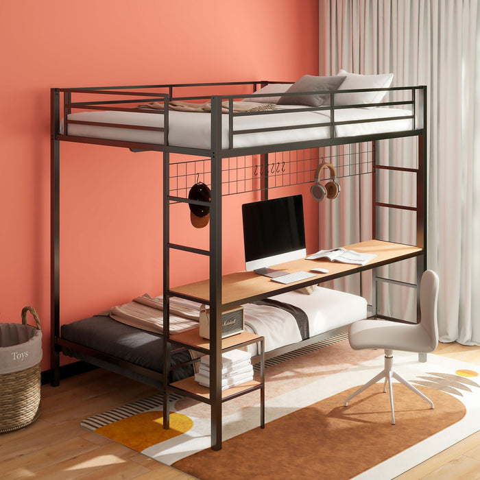 Litera metálica Bettoni con cama individual sobre cama doble y escritorio, blanco mate