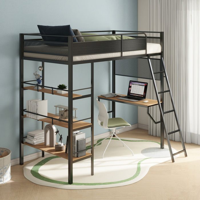 Cama alta tipo loft con estación de trabajo doble y 3 estantes, de metal, color blanco mate, para campus