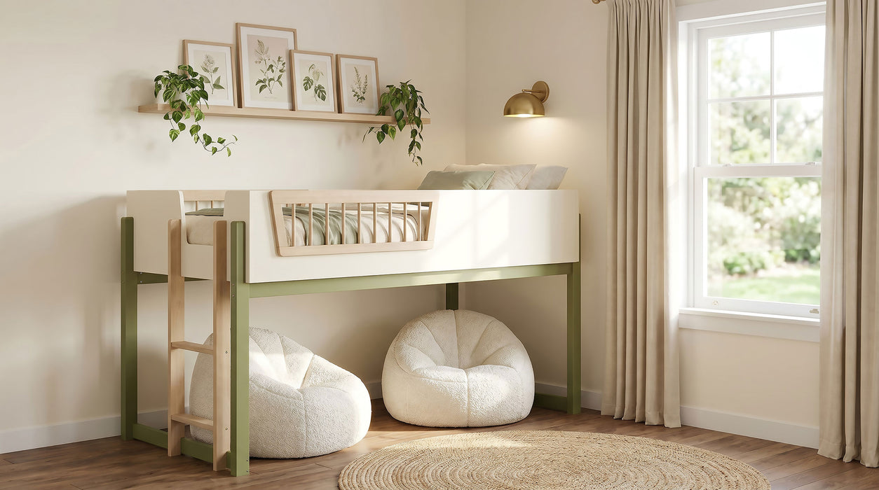 Cama alta Evren tamaño Twin con escalera - tricolor